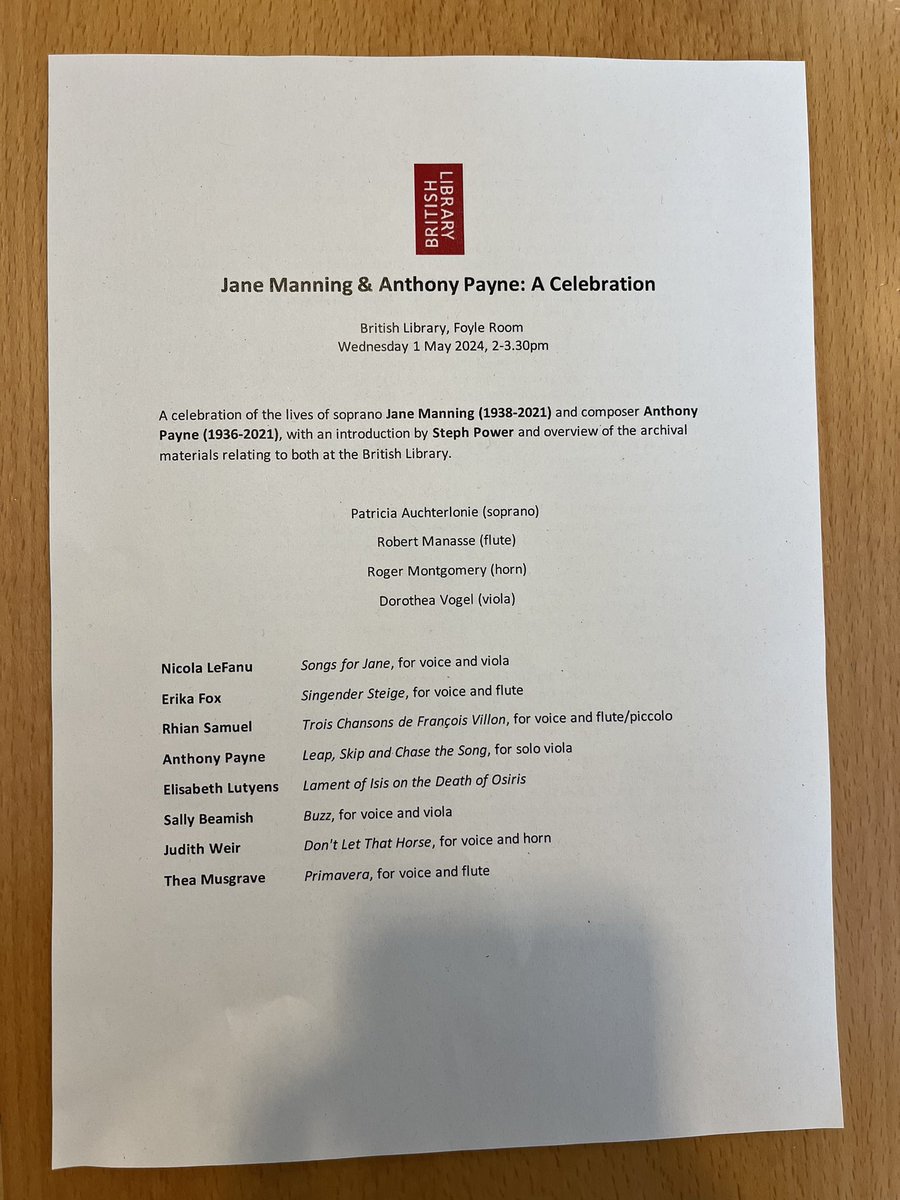 On Tuesday 30th April we were delighted to attend a wonderful afternoon @britishlibrary celebrating Jane Manning and Tony Payne. There was music by Nicola Lefanu, Erika Fox @sfbeamish + more, presented by Steph Power & @scobiechris Thanks to all the performers 🎶