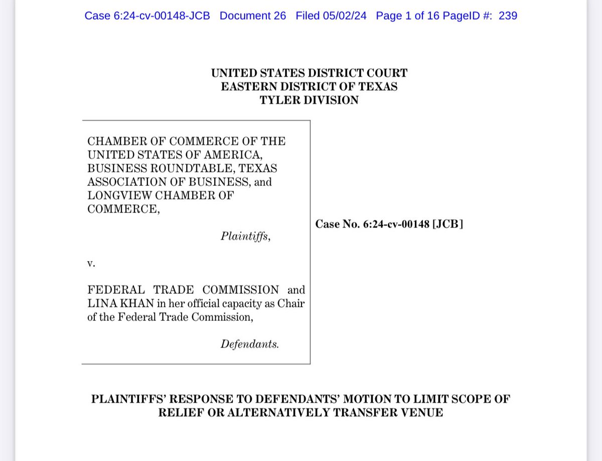 Why litigation is the worst, in 2 pics: Sending good vibes to the BigLaw attorney who filed a motion in the Chamber of Commerce’s FTC noncompete lawsuit & immediately refiled an amended version with no changes, except the font. #lawtwitter