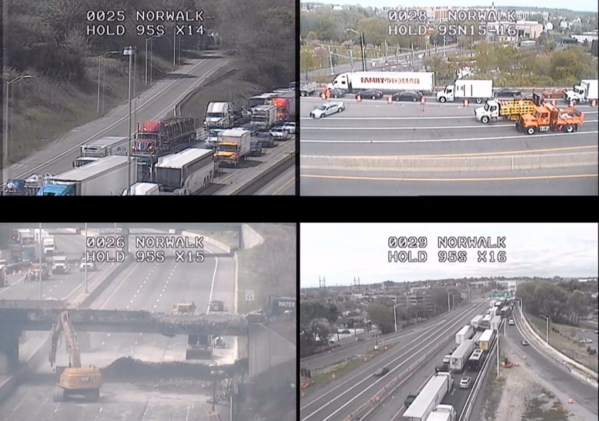 Demolition of the Fairfield Ave. Bridge in #Norwalk is underway. There is heavy congestion on I-95 southbound & motorists & commercial vehicles are asked to seek alternates routes, such as I-84. Visit CTroads.org for the latest updates & to view the traffic cameras.