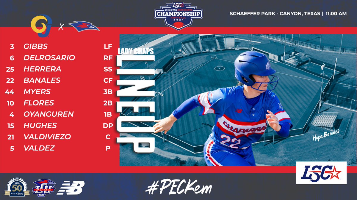 🥎SB | #LCUvsASU LSC - Quarterfinals Top - 1st (6️⃣) Lady Chaps 0 (3️⃣) No.2⃣1⃣ Angelo St. 0 🔵 - Here is our starting lineup, as we get underway in Canyon at 11 a.m. Follow the Game: linktr.ee/lcusoftball 🥎 #LSCSB 🥎 #D2SB