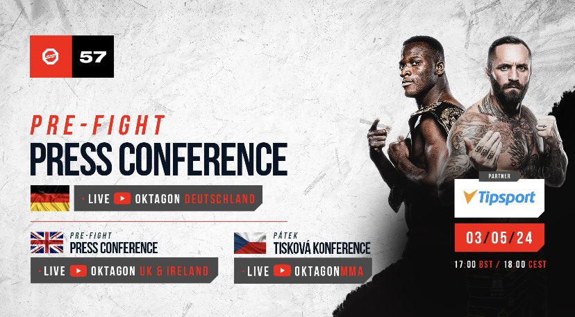 🎤 OKTAGON 57 pre-fight press conference The stars of our show in Frankfurt tomorrow including Eckerlin, Brož, Keita and Sardari are about to take to the microphone. What will they say before coming face to face in the cage? ⏰ 5pm🇬🇧🇮🇪/6pm🇩🇪🇨🇿🇸🇰🇵🇱 📺 youtube.com/live/c7t1lI1Ni…