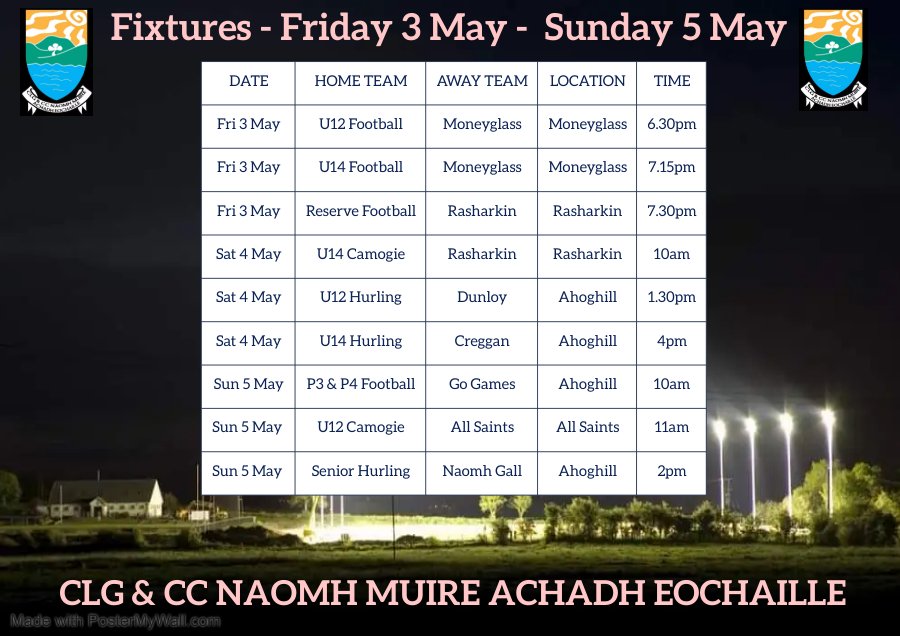 Fixtures for Friday 3 May - Sunday 5 May. Good luck to all our teams and management. We will keep you updated with any changes. ❤️🖤