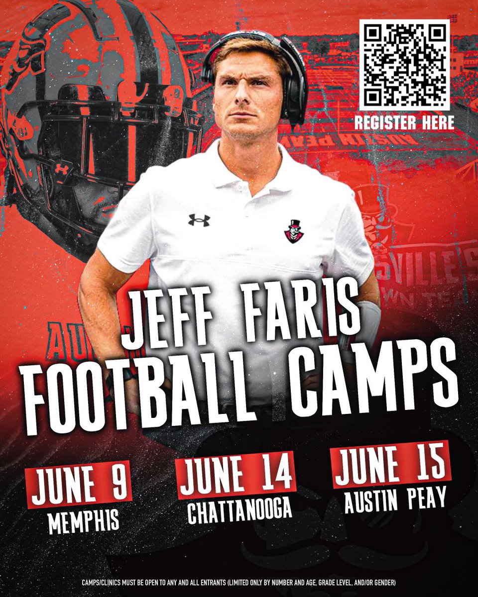 Come compete with us this summer! We will be in Stacheville on June 15 and will also coming to Memphis and Chattanooga. Nothing is more important to our staff than coaching the best players across the state of Tennessee. Scan the QR code and register today! #LetsGoPeay #GovEffect