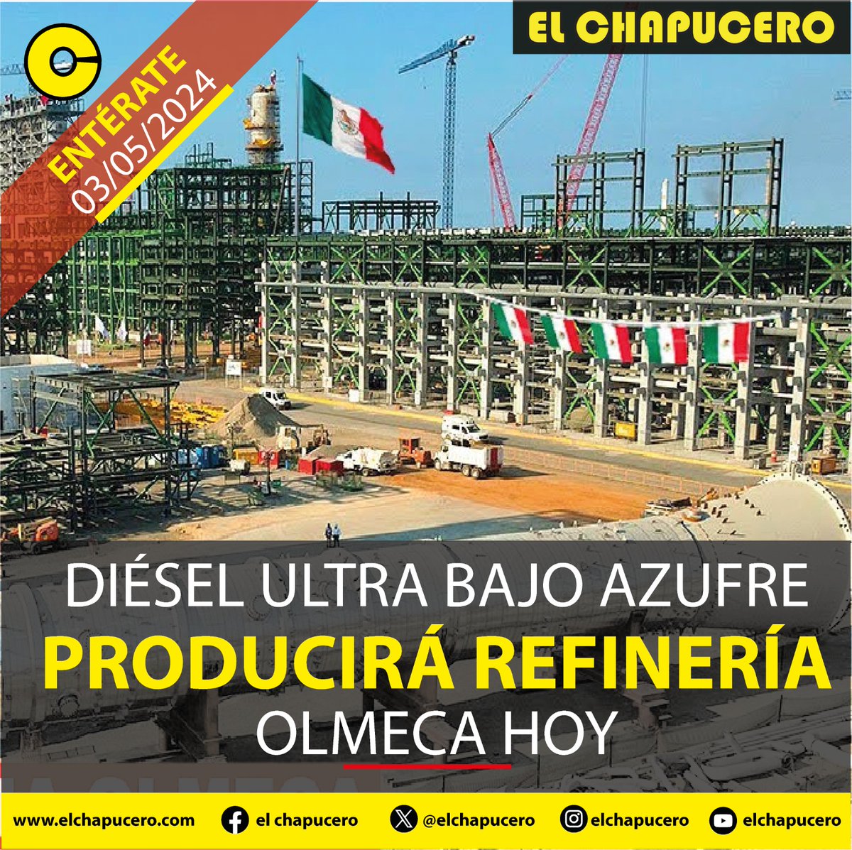 #ÚLTIMAHORA| El titular de Pemex, Octavio Romero Oropeza afirma que este viernes la refinería Olmeca empezará a producir los primeros barriles de diésel ultra bajo azufre.