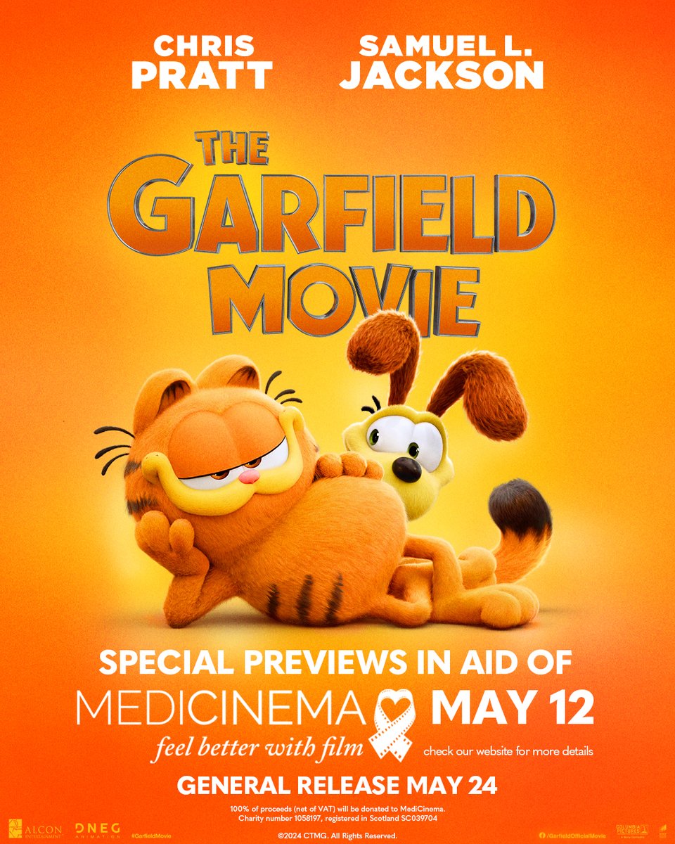 Don't forget! Our The #Garfield Movie previews for @MediCinema are on May 12th🐱🐶 bit.ly/3UfBrl5 Meet Garfield and Ode in just under two weeks! 100% of proceeds go to MediCinema, who give children in hospital the most amazing cinema experiences🥰
