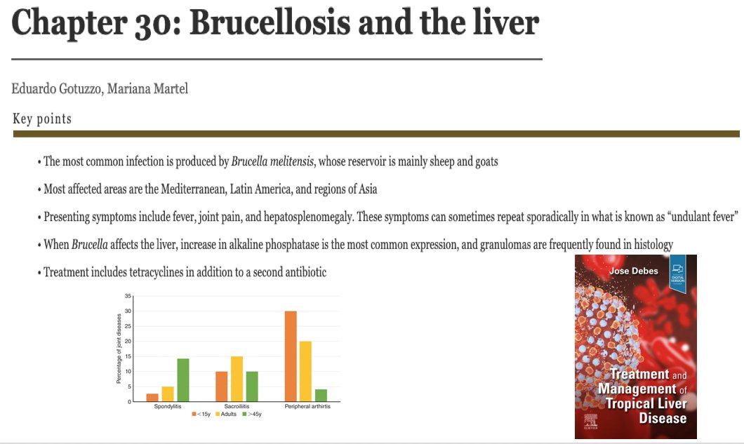 Key points on Brucellosis and the Liver By world renowned E. Gotuzzo from Peru The only person I know with a PhD on Hepatic Brucellosis Management of Tropical Liver Disease tinyurl.com/yrg9qune @NancyDEditor@CayetanoHeredia @diaz_ferrer1 @GlobalHealthOrg