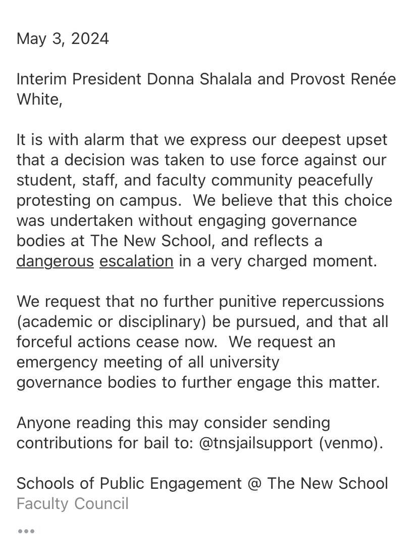 My wonderful colleagues at the Schools for Public engagement sent this letter to New School President, Donna Shalala and Provost Renée White.