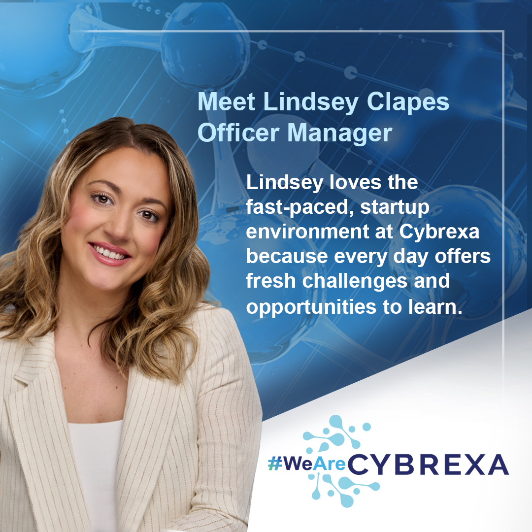 Meet Lindsey Clapes, Office Manager at #Cybrexa. W/ 10+ yrs exp in biotech/pharma, Lindsey oversees the travel program, organizes team events, leads community outreach & keeps track of the boss. She enjoys the startup environment & progression of science. #EmployeeSpotlight