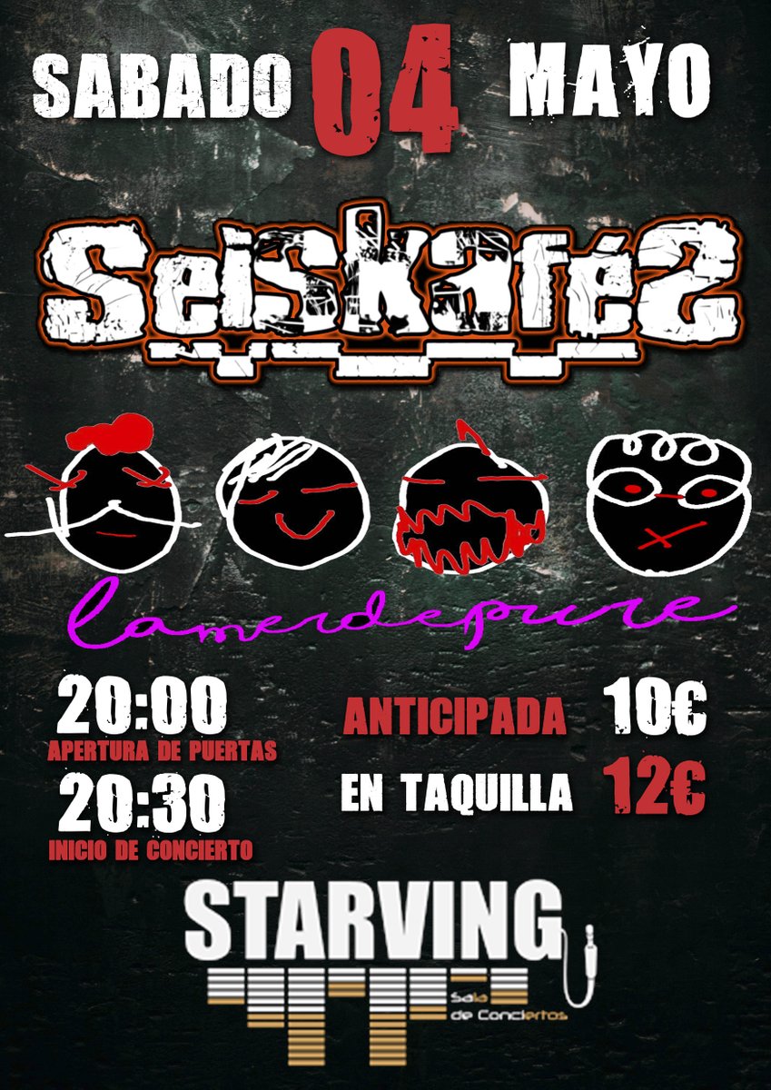 Mañana estaremos en La Sala Starving descargando SKA junto a La Merde Pure!!
Pilla ya tu entrada y vente de fiesta con nosotros!!

🎫 ow.ly/tAnr50RfZeS

#seiskafes #ska #skamusic #pucela #madrid #punkcela #music #música #gira #salas #skapunk #punkrock #livemusic #alagreska