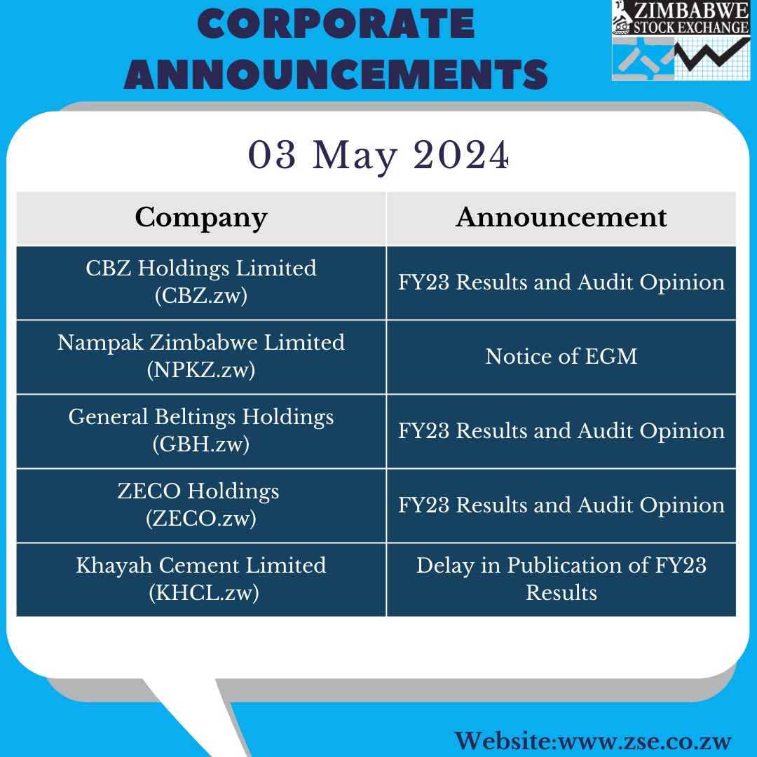 ZSE Corporate Announcements 03 May 2024. To view the detailed announcements, visit zse.co.zw