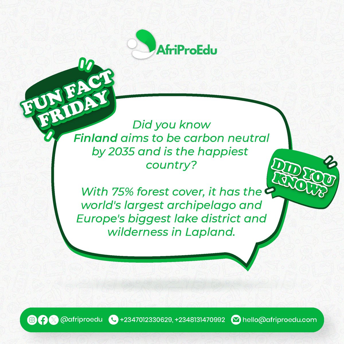 It's time to unwind and bid farewell to the week's chaos! 
Let's embark on a delightful Fun FACT FRIDAY and beyond! 
#happyweekend #studyinfinland #funfacts #funfactsfriday #studyabroad #studyabroad2024 #afriproedu #traveltofinland #studyabroadtips #studyabroadconsultant