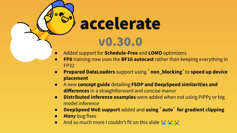 It's @huggingface Accelerate release time and there are a TONof exciting features to get through: new optimizers, FP8 fixes, DataLoader improvements, documentation, and so much more! For a quickread, check out the full notes: github.com/huggingface/ac… Otherwise let's dig in🧵