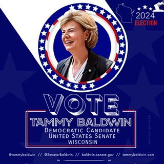 @tammybaldwin is a committed public servant who fights to make a difference in the lives of Wisconsin’s working families and is running for re-election to the U.S. Senate to continue that fight

#DemVoice1   #ONEV1 #BLUEDOT #LiveBlue #ResistanceUnited #Allied4Dems