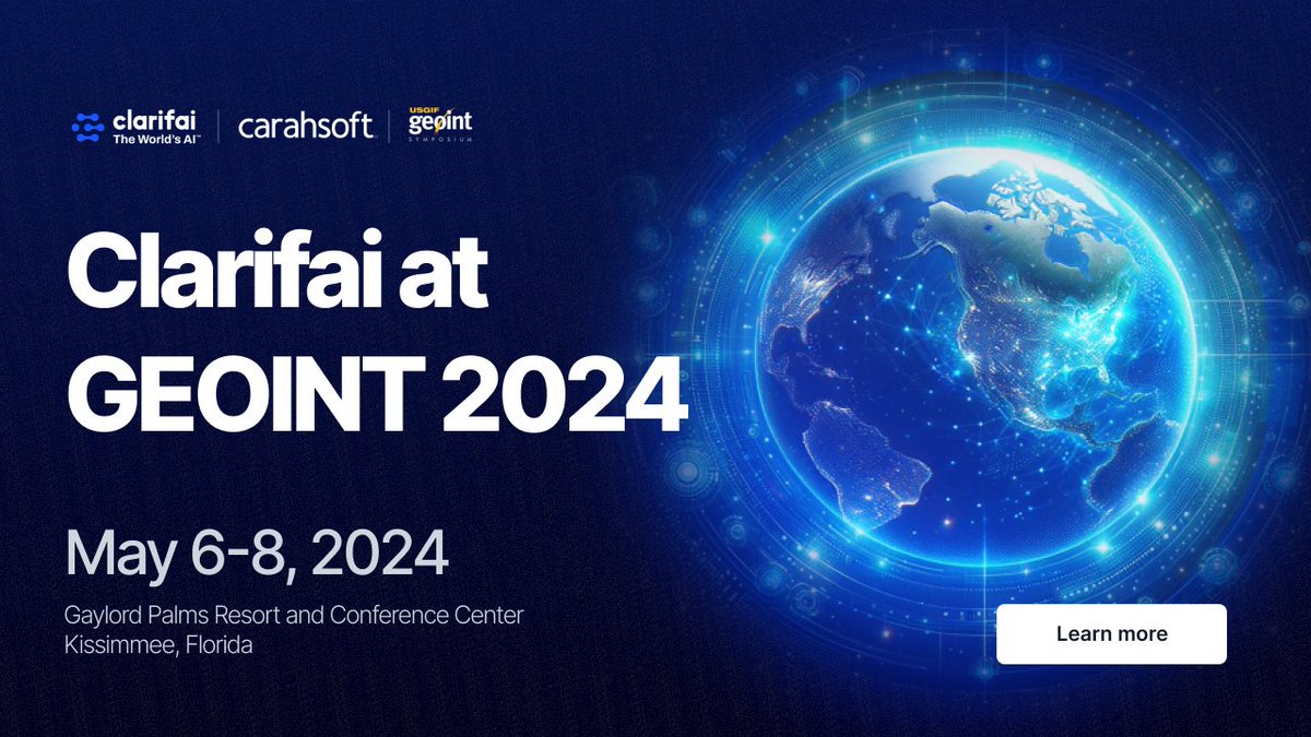 Clarifai at GEOINT 2024! 🚀 We're eagerly looking forward to connecting at #GEOINT2024 this year. See Clarifai's AI platform in action and applied to real-world government case studies. We are bringing folks from across the company to answer questions, build partnerships,