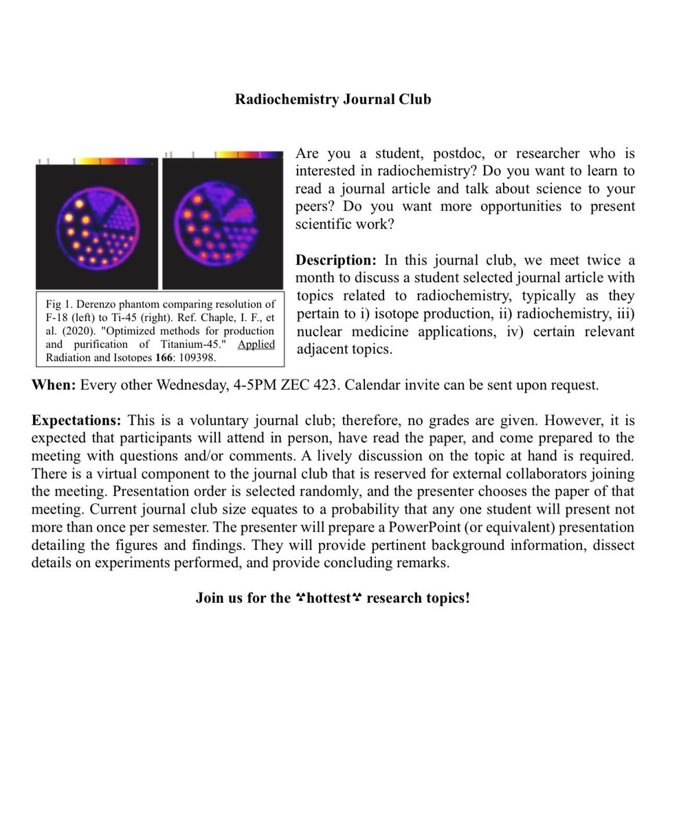 Calling all radiochemistry enthusiasts! We are expanding our journal club and would love for you to join us if you are interested in thinking, reading, and talking about all things radiochem related. Send me an email for details: ichaple@utk.edu