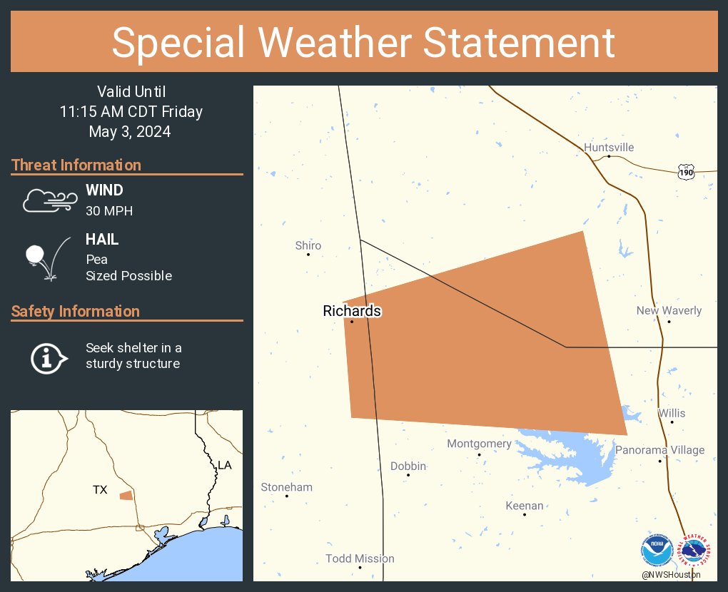 NWSHouston's tweet image. A special weather statement has been issued for Richards TX until 11:15 AM CDT