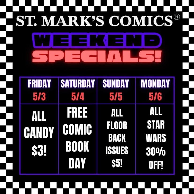 Counting down the hours ‘til the start of this AWESOME specialty weekend!

#shopsmall #shoplocal #industrycity #brooklyn #comics #graphicnovels #events #weekendspecial #weekendspecials #fcbd #freecomicbookday #backissues #starwars #starwarstoys #starwarsfigures #starwarscomics