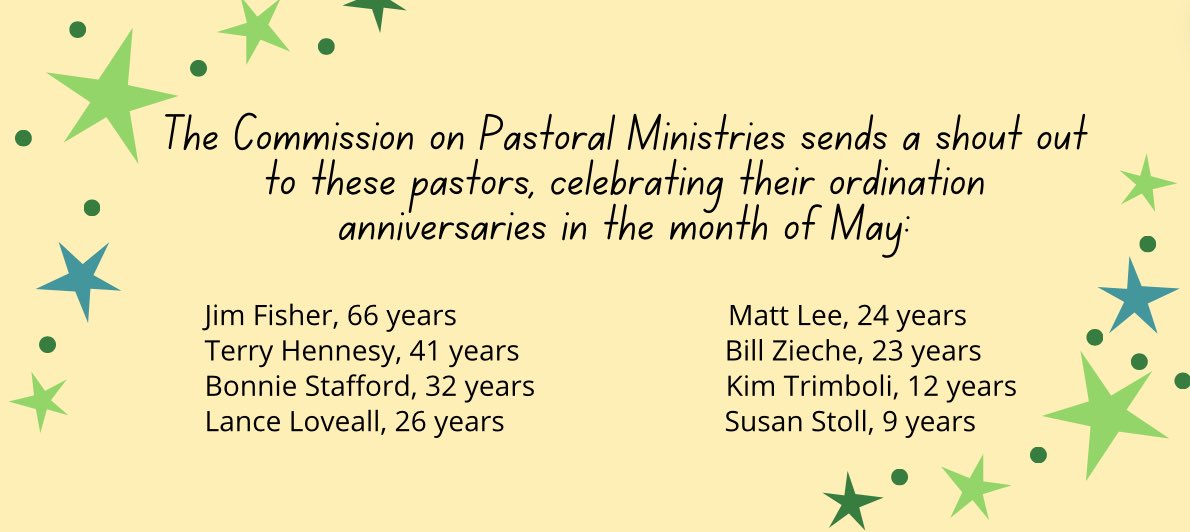 The Commission on Pastoral Ministries sends a shout out to pastors, celebrating May ordination anniversaries:
Jim F 66yrs
Terry H 41yrs
Bonnie S 32yrs
Lance L 26yrs (First Kenosha)
Matt L 24yrs (Kettle Moraine)
Bill Z 23yrs
Kim T 12yrs (Forest Park)

#pbymke #PCUSA #WeLoveOurRevs