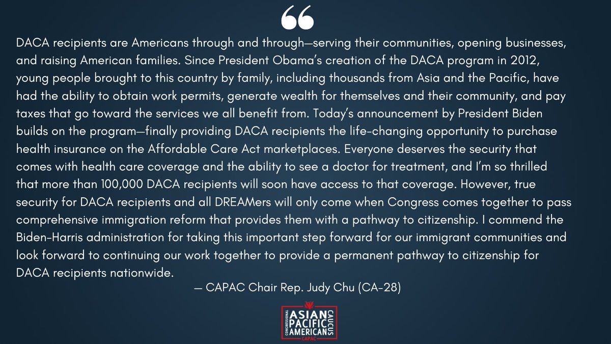 Today, @POTUS announced the Administration's lifting of the ban on DACA recipients' health care eligibility in Affordable Care Act exchanges. Over 100,000 young people are set to benefit—a significant stride for our immigrant communities! Chair @RepJudyChu's full statement ⬇️