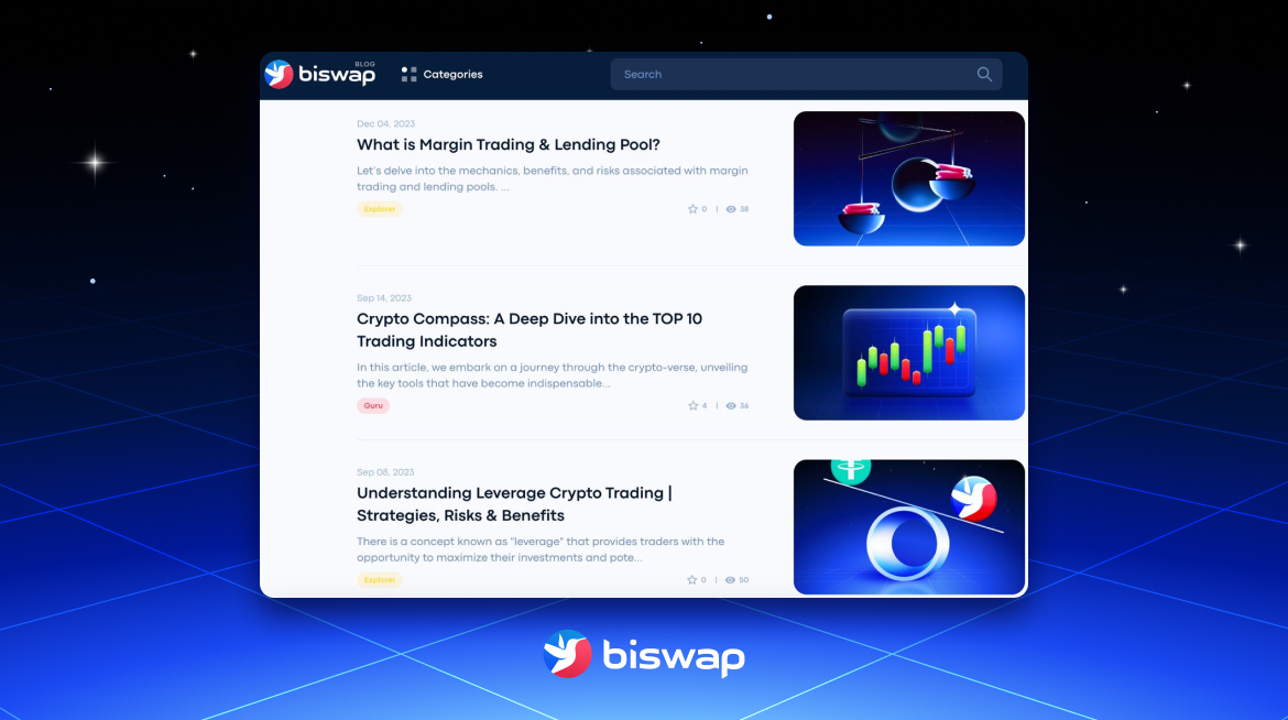 ✏️ 3 Best Articles about Trading ✏️ Biswap's Blog brings you valuable insights into Web3 and Trading. Check out our curated articles: 📊 What is Margin Trading? 🔁 Best Trading Indicators 📈 Leverage Crypto Trading Check them out here: blog.biswap.org/trading Educate to