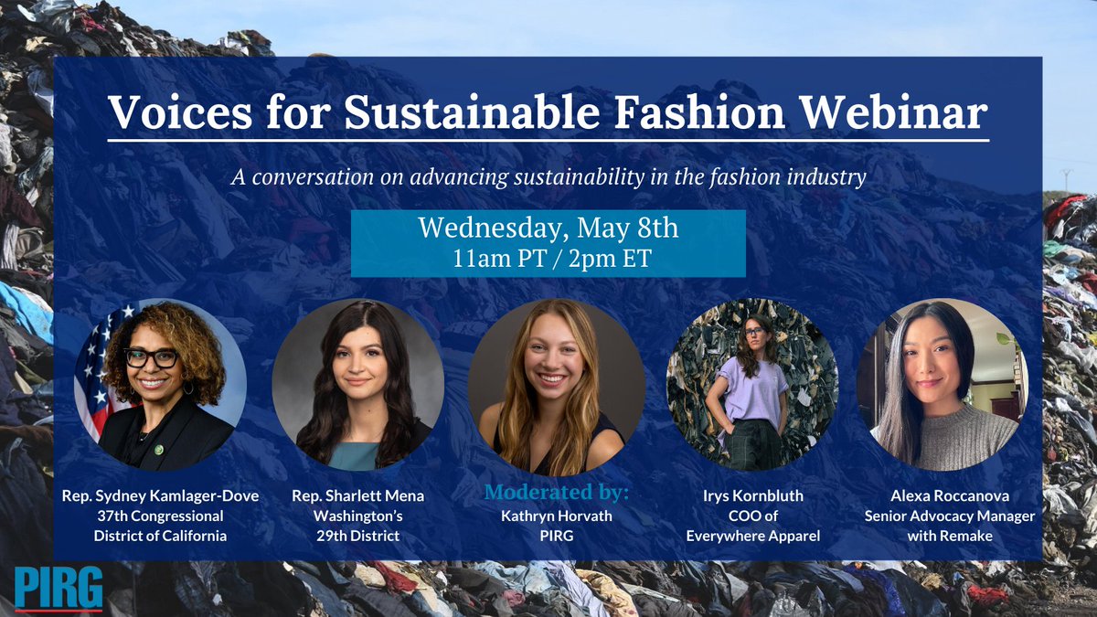 Celeste Meiffren-Swango (@pdxceleste) on Twitter photo Next Wednesday 5/8 at 11am PT, @USPIRG is hosting "Voices for Sustainable Fashion" with lawmakers and industry experts to discuss the need to advance #sustainablefashion <a href="/RepKamlagerDove/">Congresswoman Sydney Kamlager-Dove</a> <a href="/SharlettMena/">Sharlett Mena</a> <a href="/remakeourworld/">Remake</a>
RSVP here: bit.ly/VoicesWebinar Next Wednesday 5/8 at 11am PT, @USPIRG is hosting "Voices for Sustainable Fashion" with lawmakers and industry experts to discuss the need to advance #sustainablefashion <a href="/RepKamlagerDove/">Congresswoman Sydney Kamlager-Dove</a> <a href="/SharlettMena/">Sharlett Mena</a> <a href="/remakeourworld/">Remake</a>
RSVP here: bit.ly/VoicesWebinar