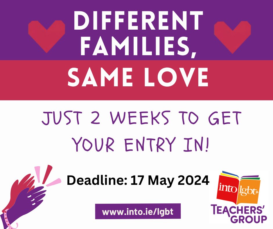 INTO LGBT+ Teachers (@intolgbt) on Twitter photo The countdown is on! There are two weeks left to get your #DifferentFamiliesSameLove entries in. We are so excited to see how you have been celebrating #diverse #families in #classrooms!
#LGBTplusInclusiveSchool #LGBTplusInclusiveClassroom #Inclusive #InclusiveSchool <a href="/INTOnews/">INTO (Irish National Teachers' Organisation)</a> The countdown is on! There are two weeks left to get your #DifferentFamiliesSameLove entries in. We are so excited to see how you have been celebrating #diverse #families in #classrooms!
#LGBTplusInclusiveSchool #LGBTplusInclusiveClassroom #Inclusive #InclusiveSchool <a href="/INTOnews/">INTO (Irish National Teachers' Organisation)</a>