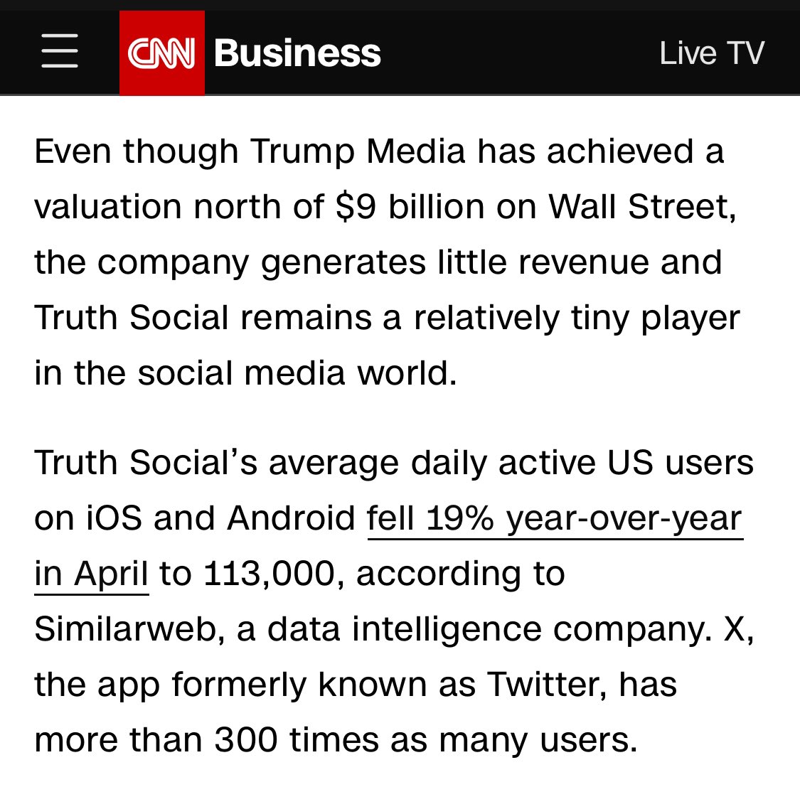 This really should be bigger news. #TruthSocial is an echo chamber for a SMALL group and makes very little money 😂. #trumpisafraud #TrumpCrimeSyndicate @CNN