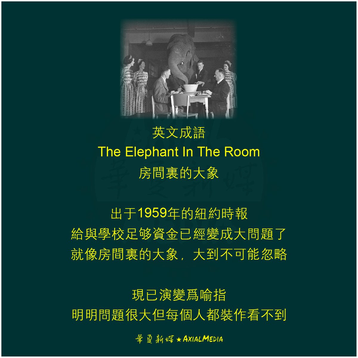 英文成语The Elephant In The Room 房间里的大象出于1959年的纽约时报给与学校足够资金已经 变成大问题了就像房间里的大象，大到不可能忽略
