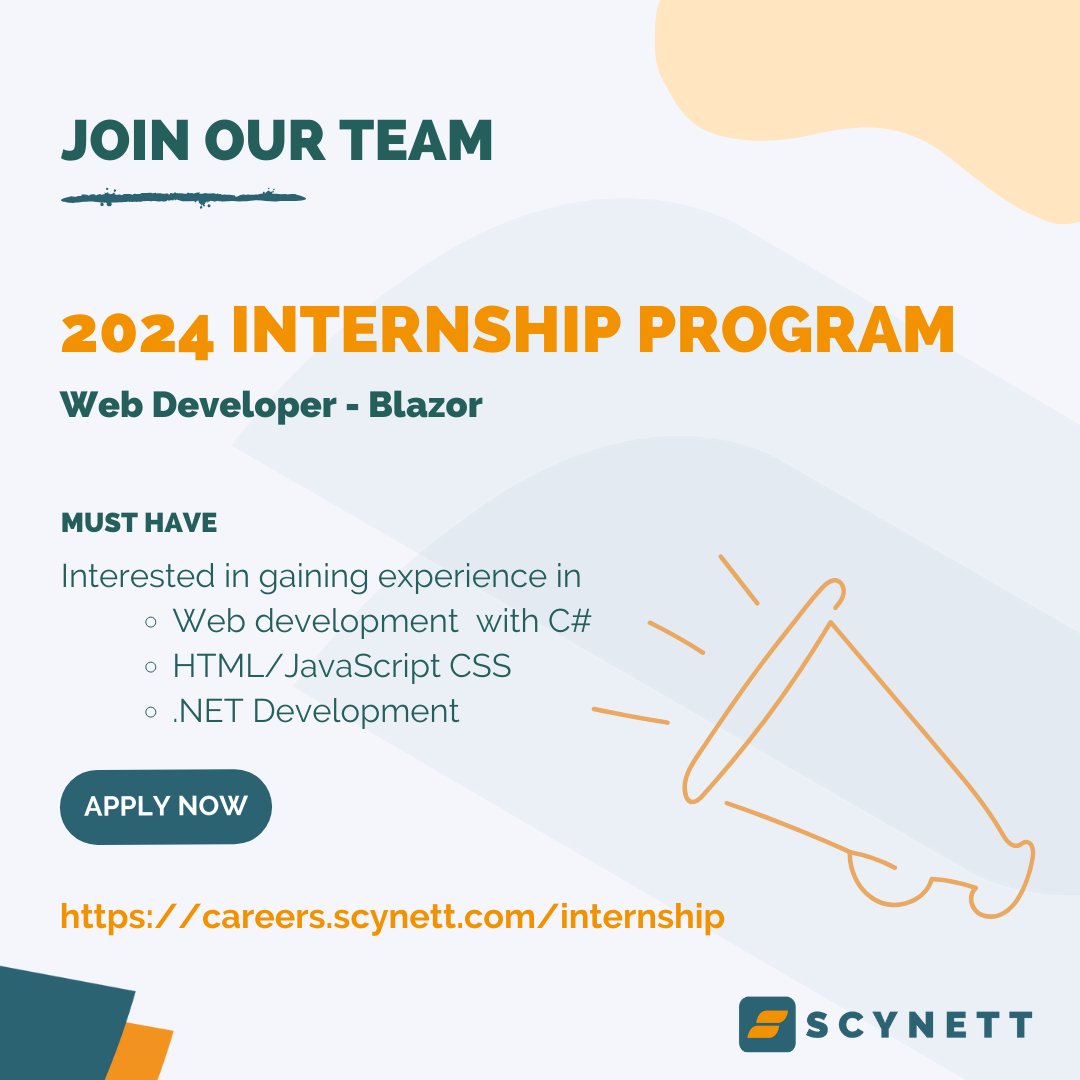 Are you a graduate or student in the tertiary institution with HTML/CSS/JavaScript and basic C# skill who is looking for a software company for your internship? 

Apply now: careers.scynett.com/internship

#developerjobs #csharpdevelopers #csharp #dotnet #dotnetdevelopers #internship