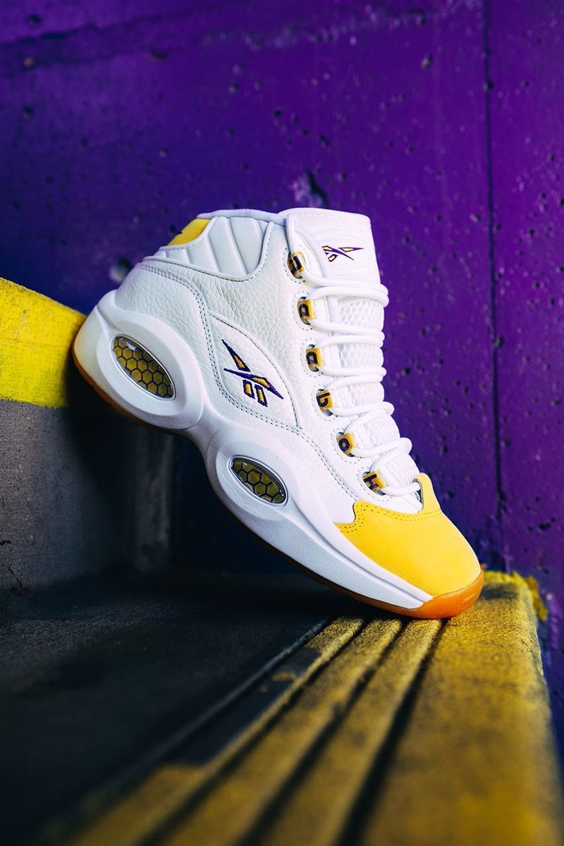 Reebok Question Mid 'Lakers' on sale for $99.99 + FREE shipping 💛💜 Link -> bit.ly/40lZ7Vr