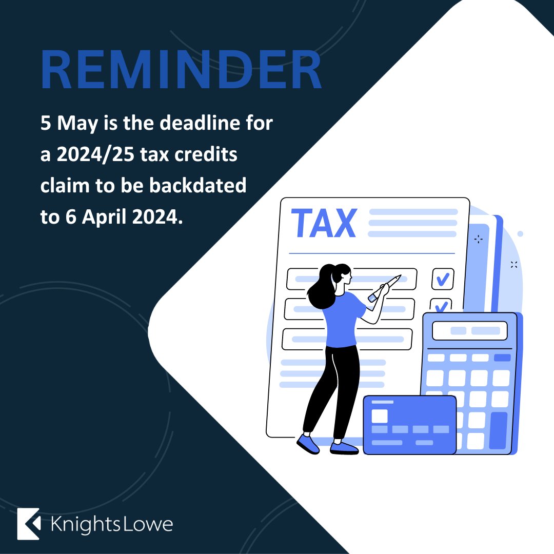 The deadline to backdate a 2024/25 tax credits claim to 6 April 2024 is on Sunday!

Don’t miss out, keep on top of your tax deadlines with our team’s support. 

#TaxDeadline #TaxCredits