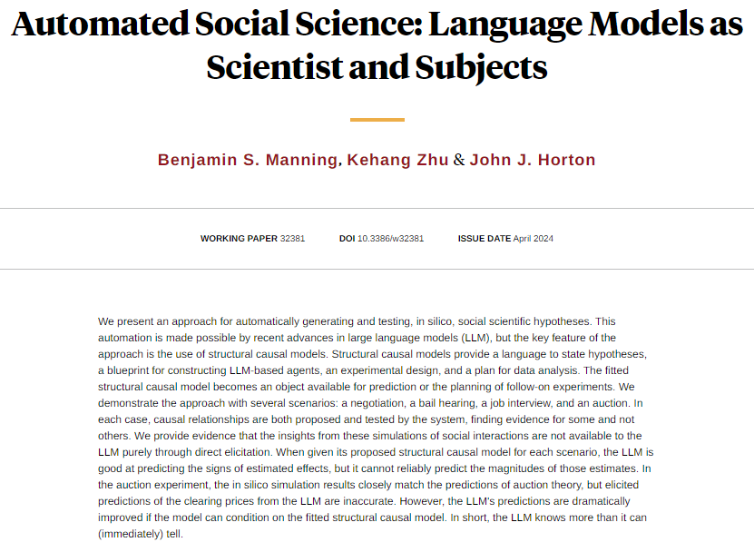 Using large language models both as an experimental subject but also as a scientist, from @BenSManning, @Kehang_Zhu, and @johnjhorton nber.org/papers/w32381
