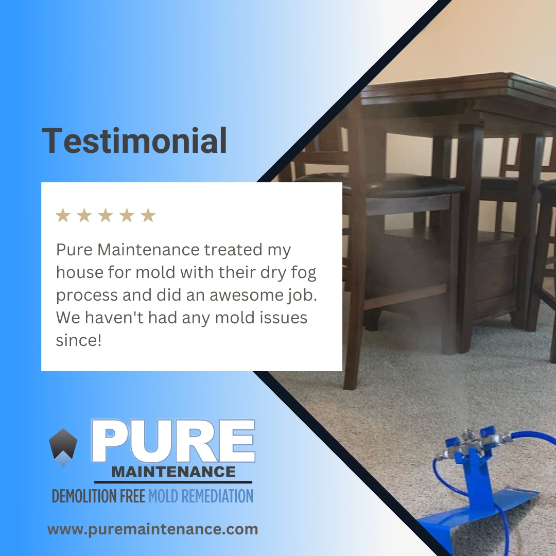 The mold you find is no match for our dry fog! 💪🏼 Contact Pure Maintenance for mold remediation services that will get rid of your mold for good 🛠️

#PureMaintenance #MoldRemoval #MoldTesting #MoldInspection #MoldCleanup #IndoorAirQuality #OdorRemoval #Review #Testimonial