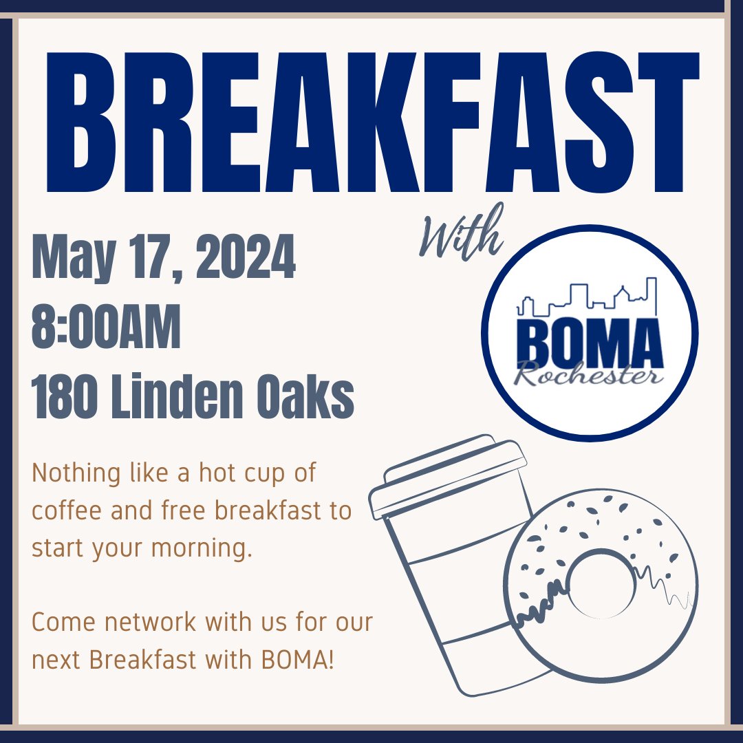 Register today to join us for our next networking breakfast on May 17th! Network with BOMA members and others in commercial real estate while enjoying free breakfast. 
 
Register Now: bomarochester.com/meetinginfo.ph…

#BOMA #BOMARochester #breakfast #networking #commercialrealestate