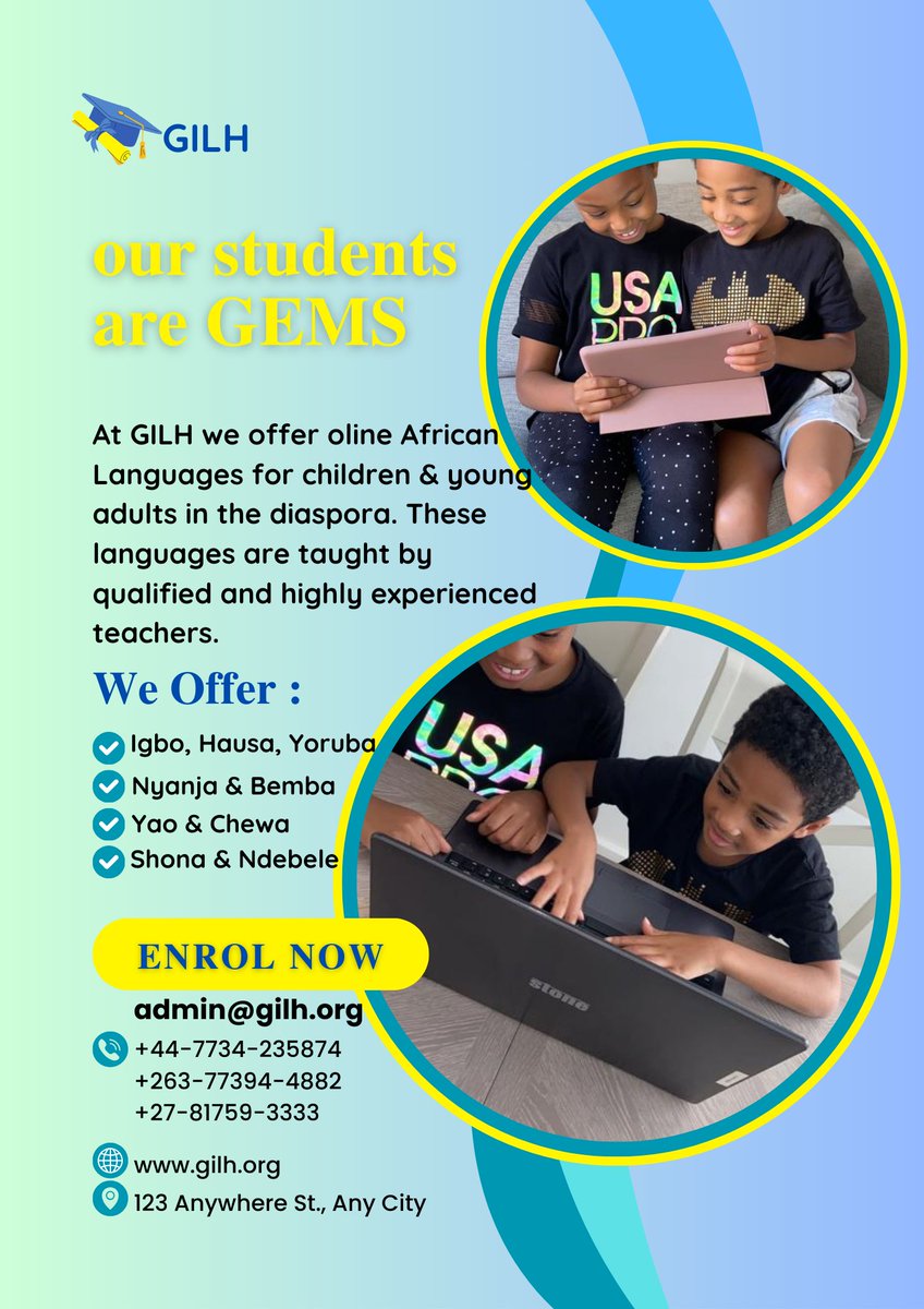 At GILH we offer online African languages for children and young adults in the diaspora. These languages are taught by qualified and highly experienced teachers. Contact admin@gilh.org to join our school or call our numbers below👇 📞 +447734235874 📞 +27817593333 📞 077 394 4882