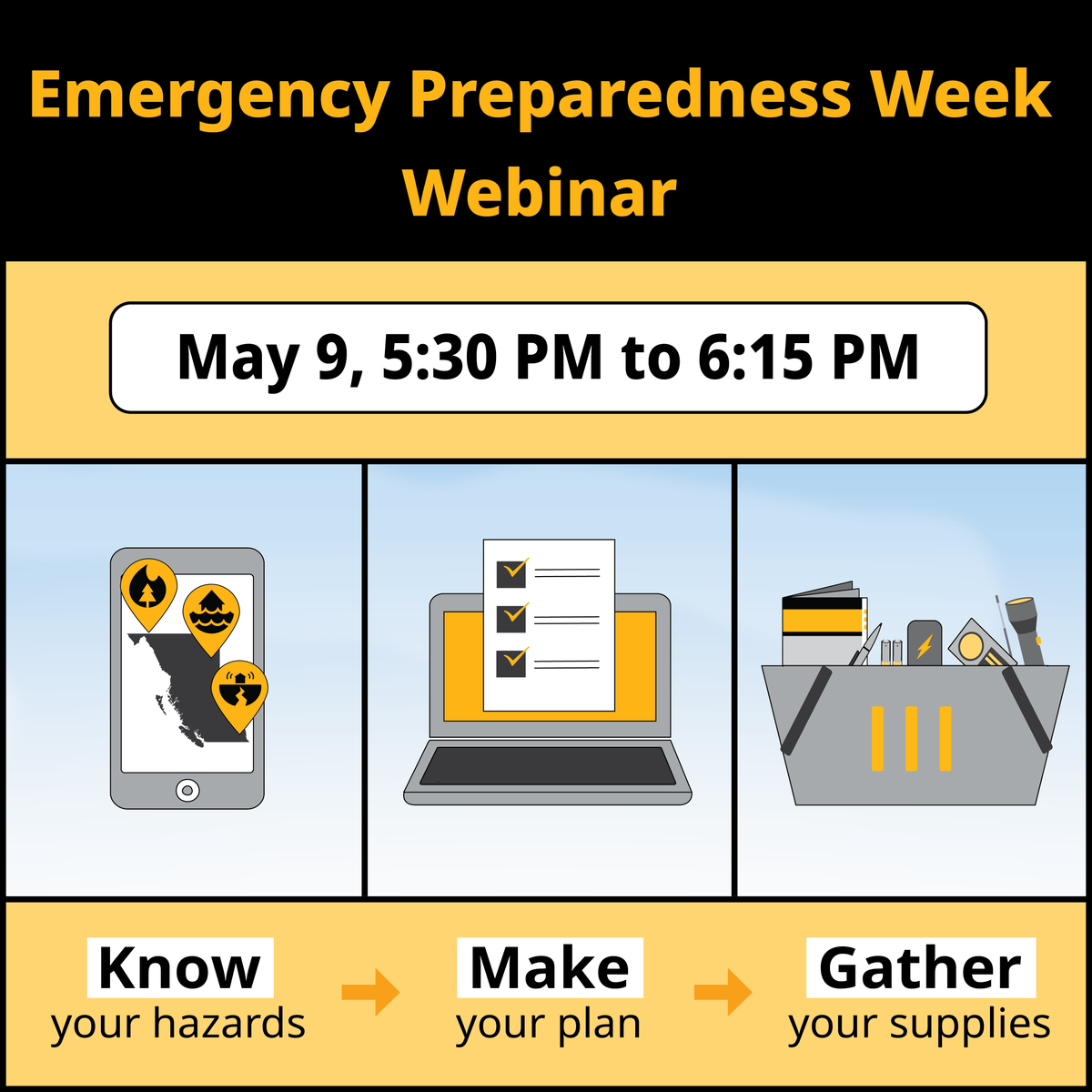 You’re invited to our upcoming 45-minute webinar where the PreparedBC team will share resources & tips for getting prepared for all emergencies. You could win a 4-person emergency kit! WHEN: Thursday, May 9, 2024 at 5:30PM Register: ow.ly/5yXf50RsHcY 👈