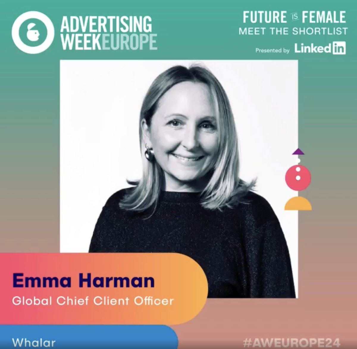 I spy our very own Emma Harman on @AdvertisingWeek Europe's 2024 Future is Female Short List - presented in partnership with @LinkedIn! 🙌⚡

Huge congrats, Emma!

#Whalar #AWEurope2024