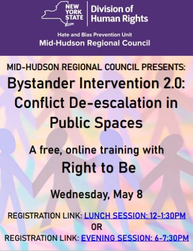 Join the HBPU Mid-Hudson Regional Council and @righttobeorg on Wednesday, May 8th for free virtual trainings on conflict de-escalation in public spaces. Space still available for the evening session! Lunch Session: Registration closed Evening Session: ow.ly/ZwqZ50RuZ2K