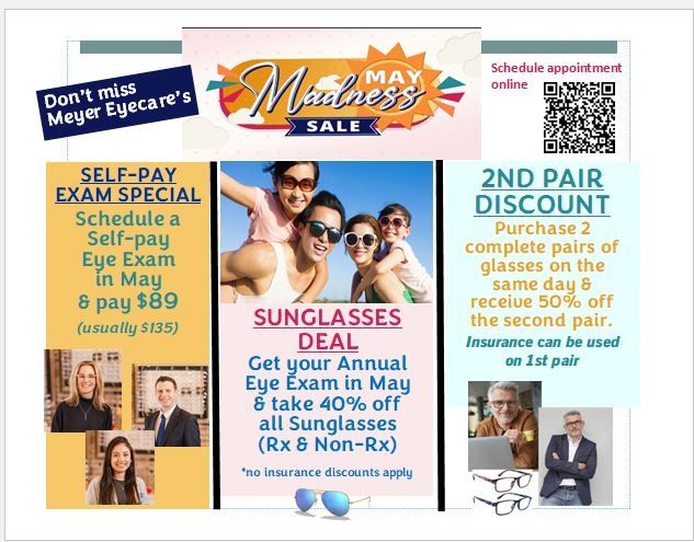 OUR MAY MADNESS SALE IS ON! Take advantage of these special offers during the entire month of May and beat the summer rush, too! We have open appointments with all three doctors next week and look forward to seeing you soon.
#maymadnesssale #sunglasses #eyeexam #seeingblurry? ...
