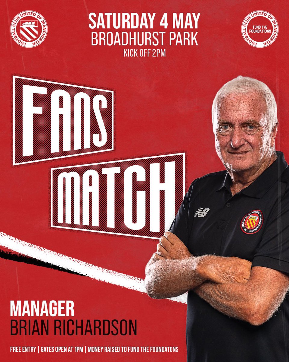 ☀️ Saturday is almost here which means it’s almost time for our Fund the Foundations fan match! Head down to Broadhurst Park tomorrow to watch a group of fellow supporters take to the pitch! Doors from 1pm, kick off 2pm! 🍔🍻 All the details: fc-utd.co.uk/news-story/fan…