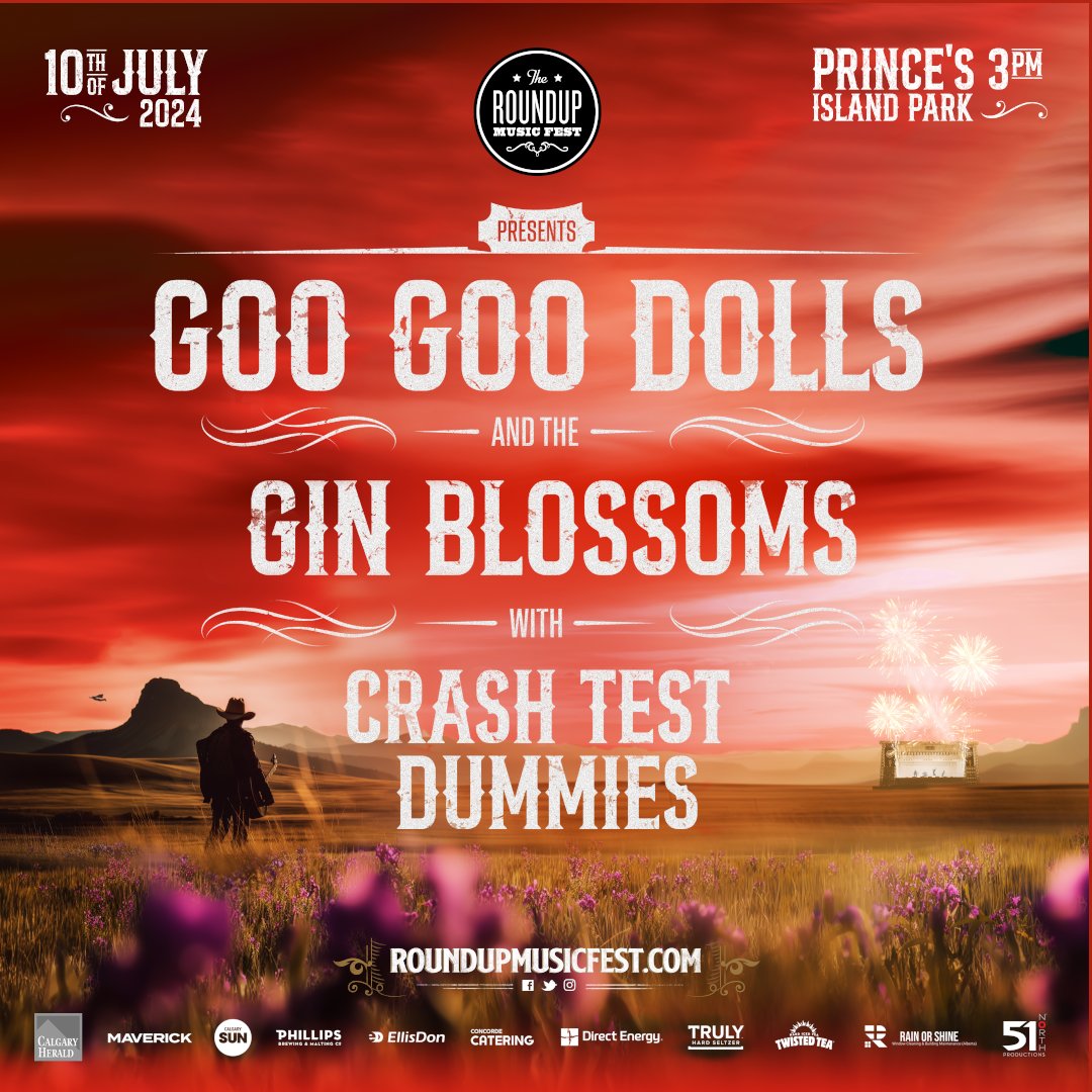 👀ON SALE NOW Roundup MusicFest tickets are available now to catch the @googoodolls, @ginblossoms, @ctdsband & Uncle Strut - July 10th, 2024 in #Calgary at Prince's Island Park. 👉TICKETS: ticketmaster.ca/event/1100609E… Event info at roundupmusicfest.com