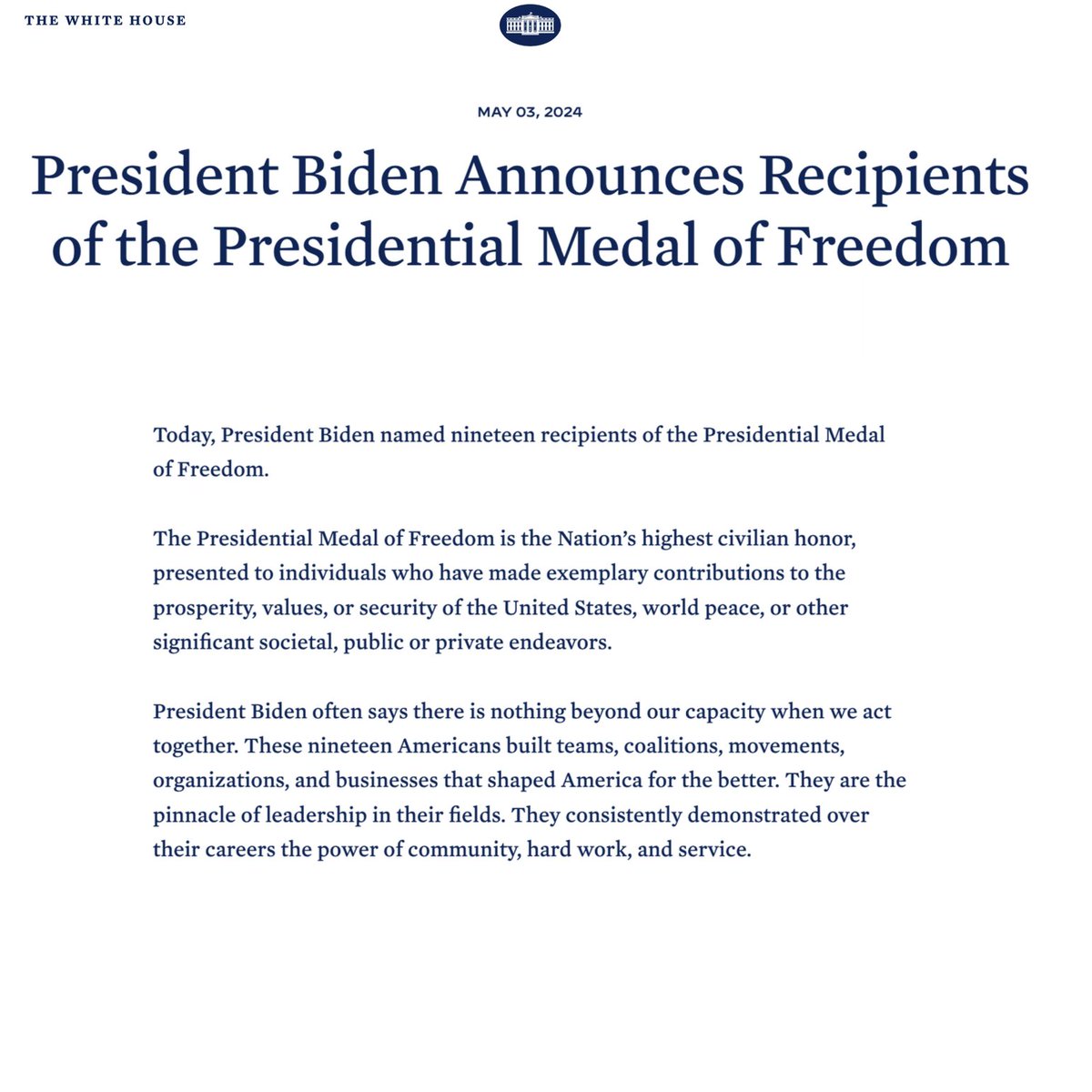 Join us in congratulating Judy Shepard on receiving the Presidential Medal of Freedom, the nation’s highest civilian honor. Judy, along with 18 others, will be presented with the award today during a ceremony at the White House. Read more: whitehouse.gov/briefing-room/…