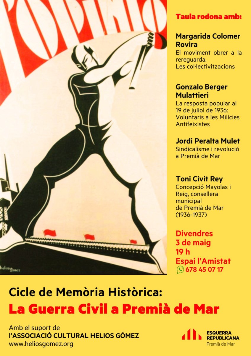 [🗣️#IrlaRecomana] Avui a les 19h 👉 @ERCpm celebra el Cicle de Memòria Històrica «La Guerra Civil a Premià de Mar», un espai per aprofundir en la #GuerraCivil al #Maresme i #PremiàdeMar

👥 Amb Margarida Colomer, @GonzaloBerger, Jordi Peralta i @tcivit
📍A l'espai @lamistat