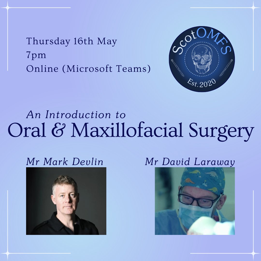 Interested in OMFS? Want to find out more? Join us as we welcome Mr Mark Devlin and Mr David Laraway to deliver our first event - An Introduction to Oral and Maxillofacial Surgery. Thursday 16th May, 7pm, Online Sign up here: forms.gle/VzN3mGsJKU8AiD…