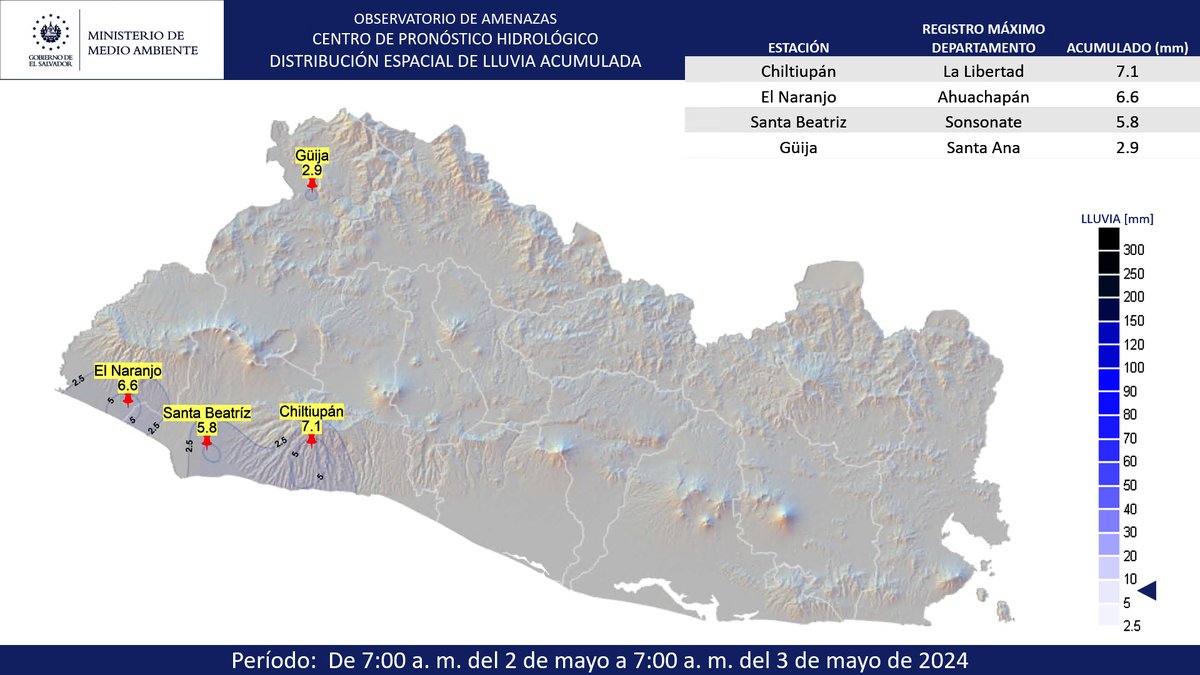 📌#ElObservatorioInforma Mapa de distribución espacial de lluvia registrada desde las 7:00 a. m. del 2 de mayo hasta las 7:00 a. m. del 3 de mayo de 2024.