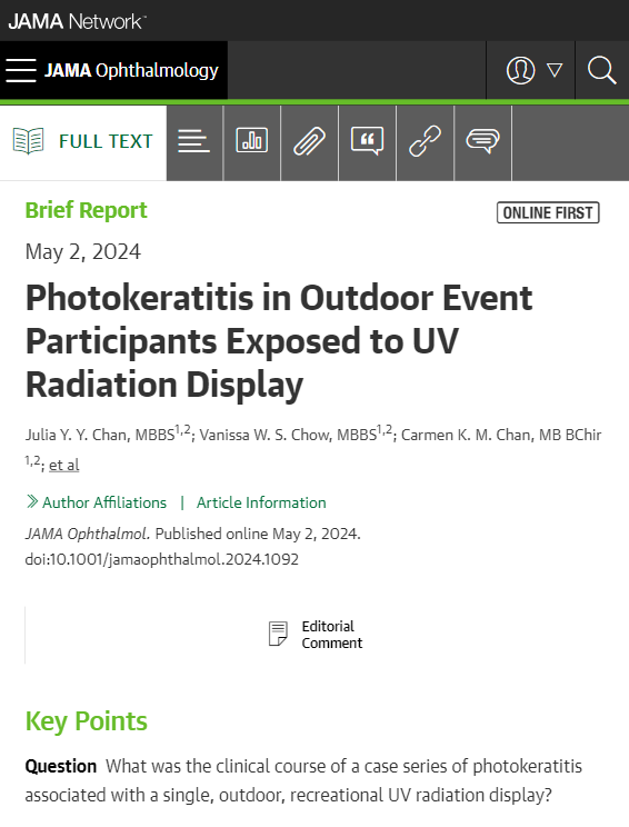 Ophthalmologists document photokeratitis outbreak in Hong Kong after partygoers exposed to ultraviolet-radiation-emitting stage displays. Presentations included eye pain, red eye, photophobia & tearing; all 8 patients recovered w/o long term sequelae. ja.ma/4dqf3gc