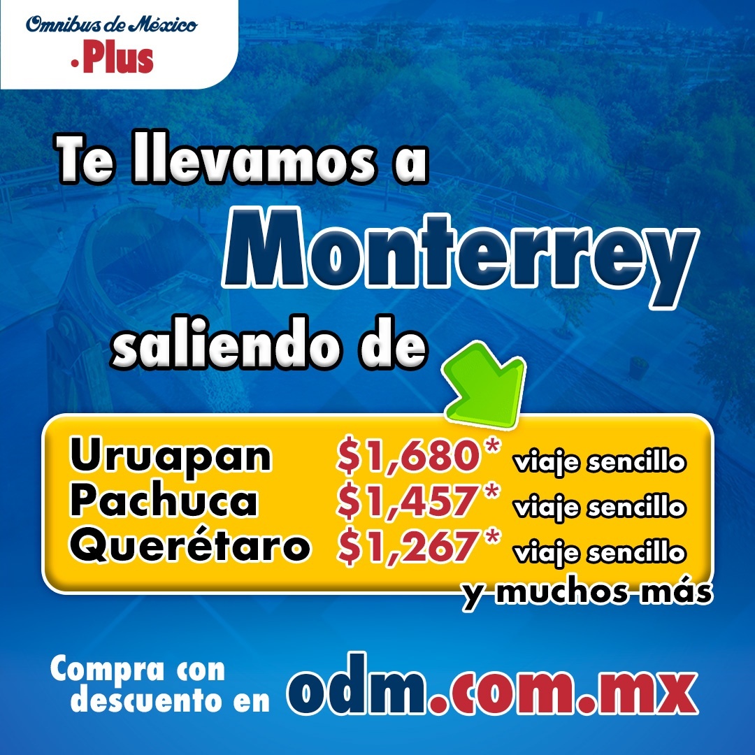 ¡Viaja a Monterrey! 🚌 ✅ Tenemos salidas diarias desde varios puntos 📍. ✅ Compra tus boletos de viaje con descuento en 👉🏻 odm.com.mx 💻 #ViajaSeguroEnAutobús 👍🏼