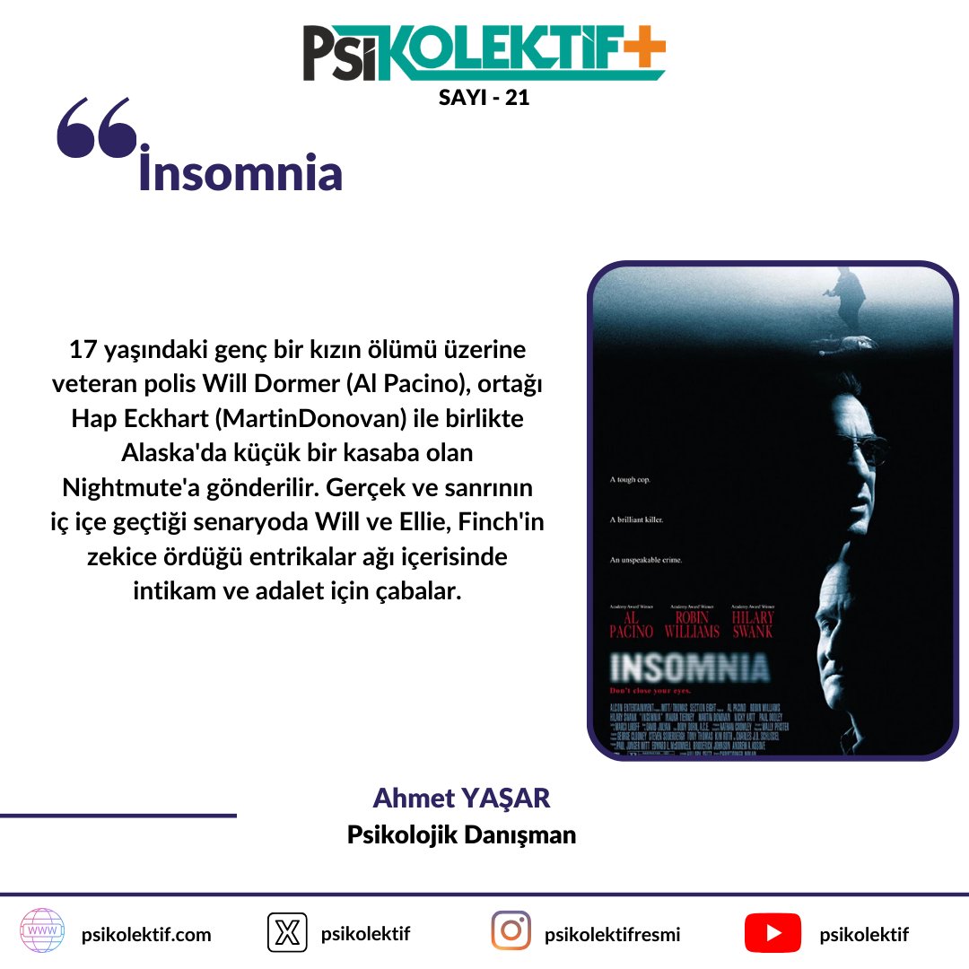 Psikolektif + Dergisinin 21. Sayısında Psikolojik Danışman Ahmet Yaşar (@ahmtyasar_), ''Insomnia'' adlı filmi sizler için inceledi. İncelemeyi ve dergiyi okumak için: psikolektif.com/psikolektif/ps… #filmincelemesi, #ınsomnia, #alpacino, #martindonovan