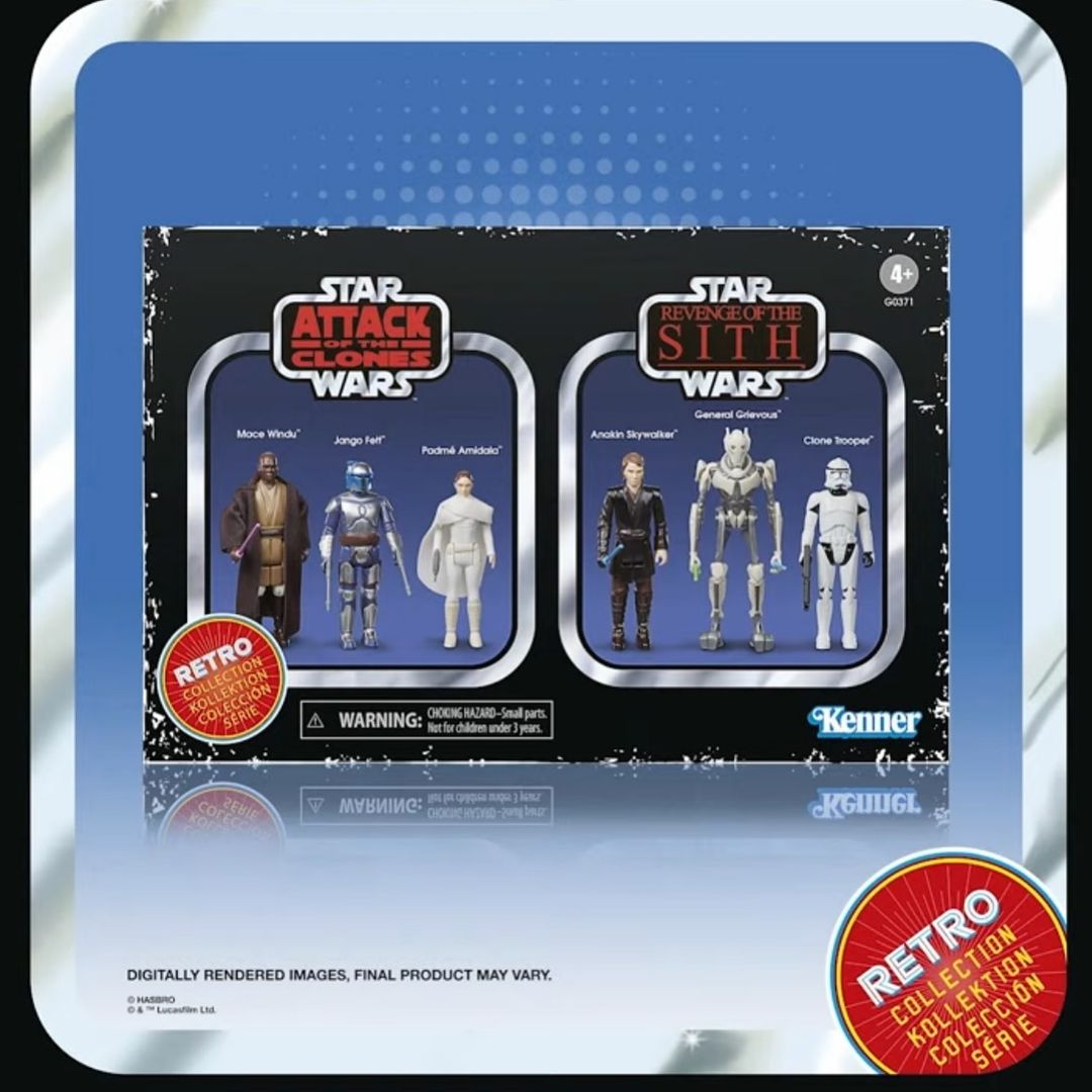 Star Wars Retro Collection Attack Of The Clones / Revenge Of The Sith boxed set. Available to preorder Saturday ay 10am/PST from HasbroPulse and Shop Disney at a later date. #StarWarsRetroCollection #AttackOfTheClones #RevengeOfTheSith #CollectThemAll #LongLiveRetros