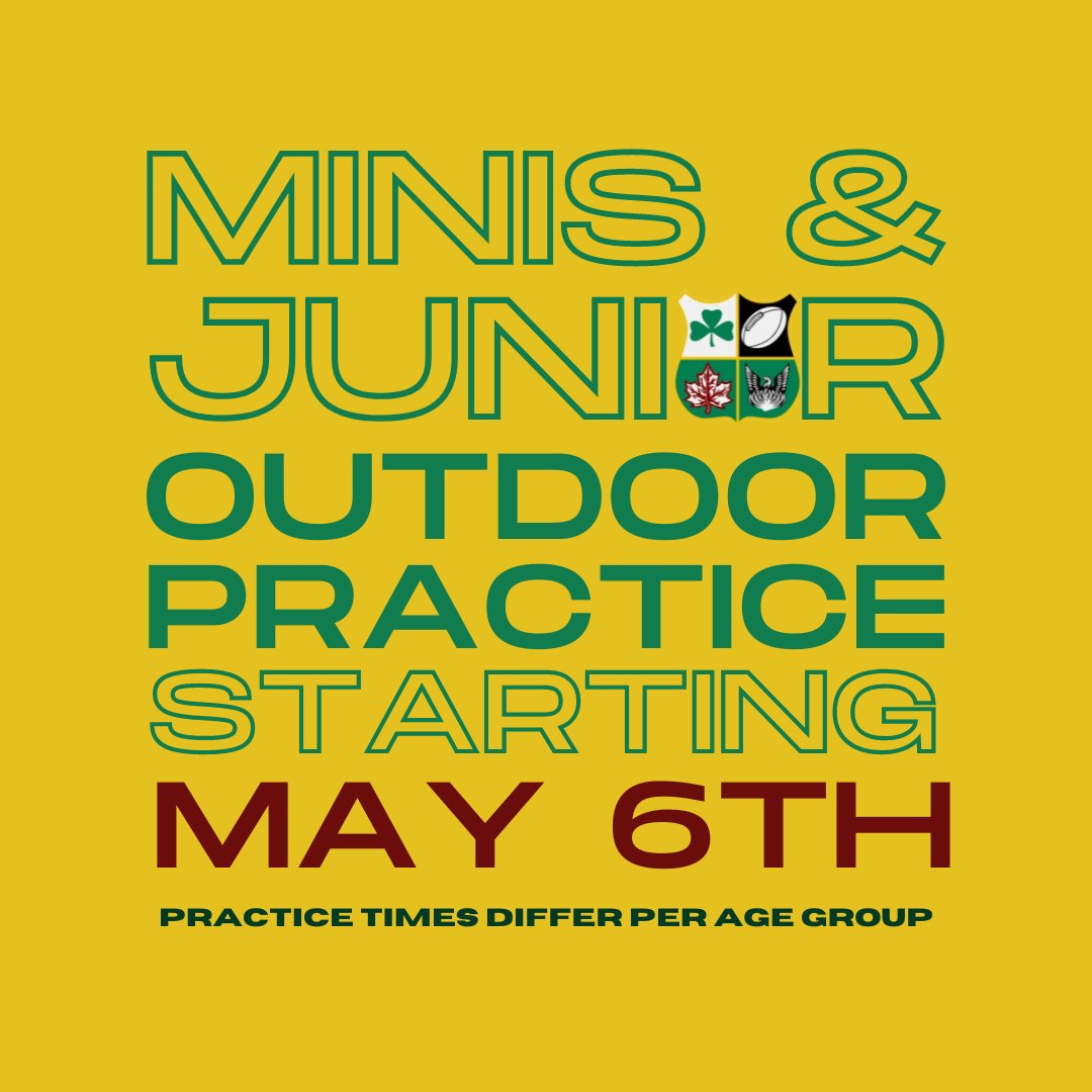 ☀️ Outdoor practices begin this Monday 🗓 May 6th for all groups NOTE: Practice schedules vary between age groups. Weekly schedules based on age groups are as follows: ☘U6-U14: Mon & Wed 6:30-8:00pm *For U6, Wed is optional ☘U16-U18: Mon & Thur 6:30-8:00pm